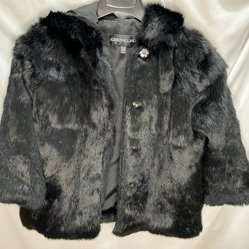 Adrienne Landau Girls Hooded Black Rabbit Fur Coat Jacket Party Holiday 10/12